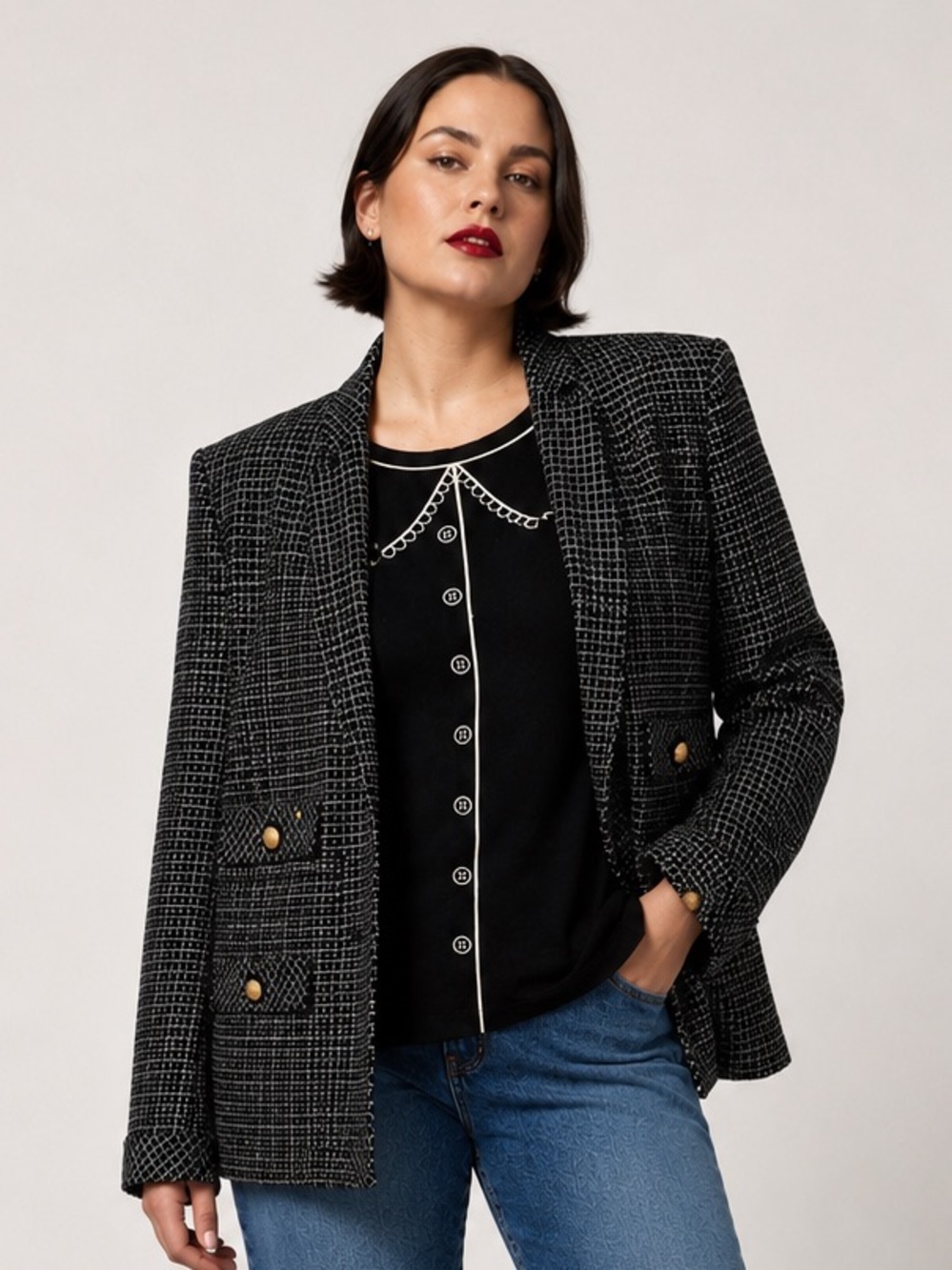 Vintage Henry Lee gold button black & white woven tweed-like blazer. 14